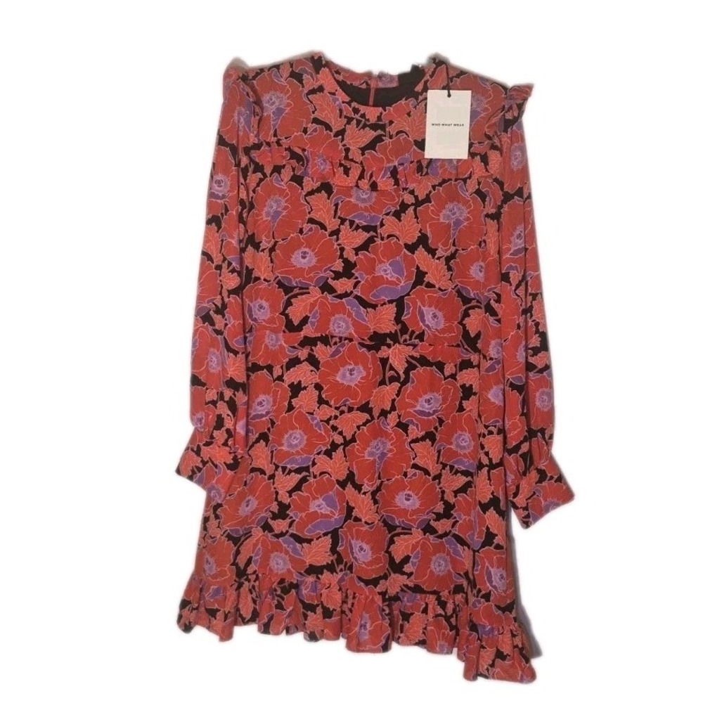 Floral Ruffle Shift Dress Long Sleeve Red Purple Size L Boho Style Autumn
